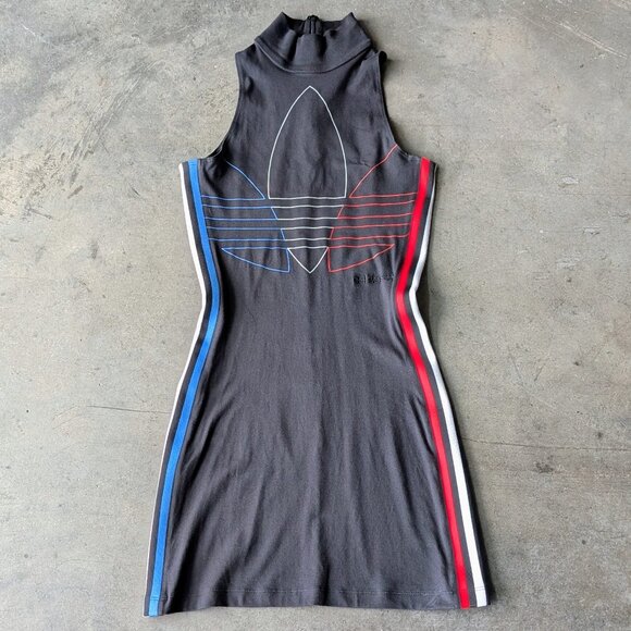 Adidas Adicolor Tricolor Tank Dress Black Red White Blue Bodycon Mini Dress - Picture 1 of 7